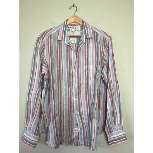 NEW Frank & Eileen Stripe Button Down Collared Linen Shirt Multi Color Size: M - Picture 2 of 7